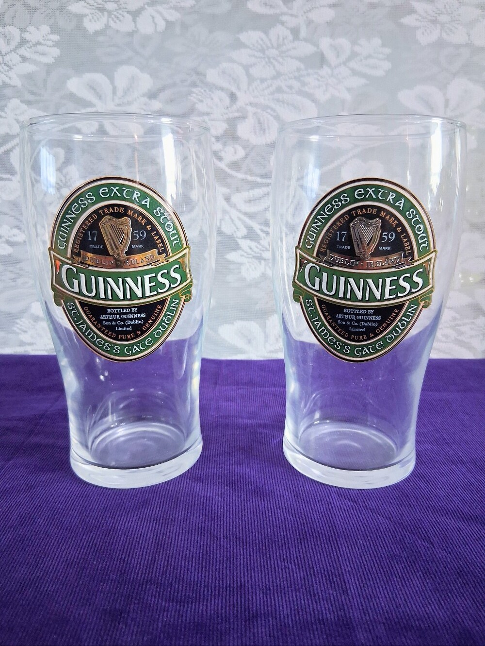 Vintage Guinness Pint Glasses Green Collection Pair